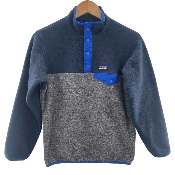 Patagonia Synchilla Boy’s Navy Blue Gray Outdoor Pullover Sweatshirt Large 12 - Picture 1 of 11